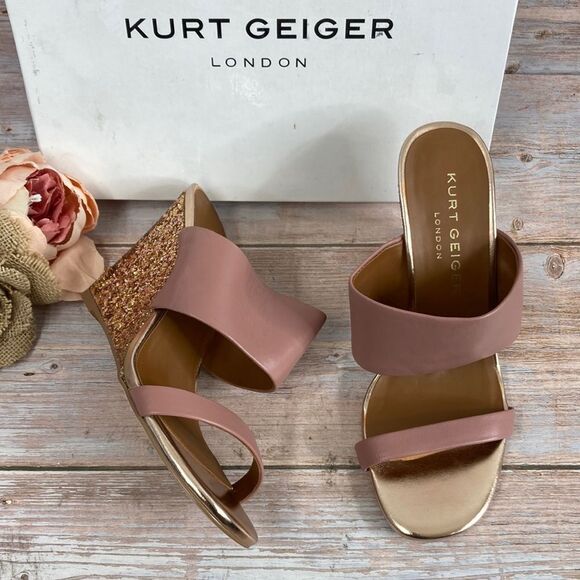 KURT GEIGER CHARING PALE PINK LEATHER GLITTER WEDGES - Picture 1 of 11